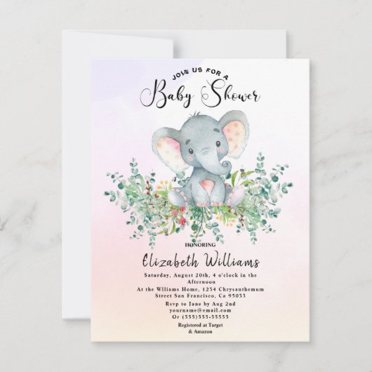 Waterverf Elephant Floral Eucalyptus Baby shower Kaart (Voorkant)