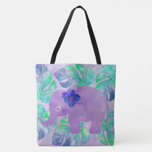 Waterverf Elephant Oerwoud Monstera Leaf Monogram Draagtas