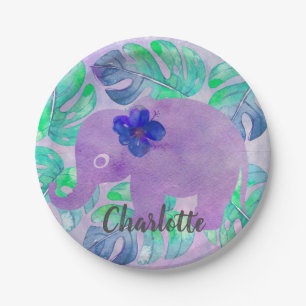 Waterverf Elephant Oerwoud Tropisch Monstera Leaf Papieren Bordje