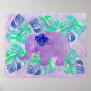 Waterverf Elephant Oerwoud Tropisch Monstera Leaf Poster