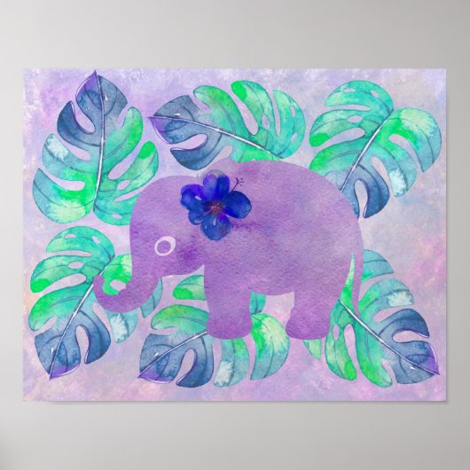 Waterverf Elephant Oerwoud Tropisch Monstera Leaf Poster (Voorkant)