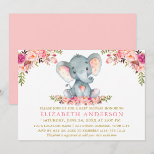Waterverf Elephant Pink Floral Gold Baby shower Kaart