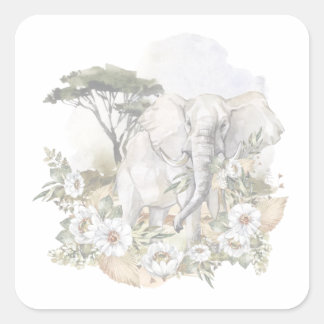 Waterverf Elephant & White Flowers Sticker