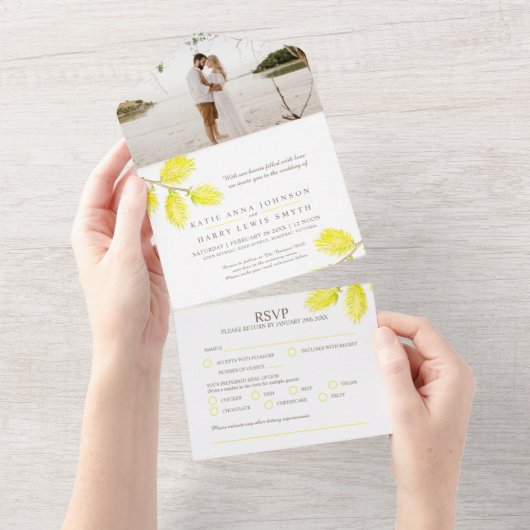 Waterverf en foto van de bruine wilgen all in one uitnodiging (Afscheurbaar)