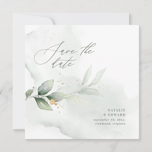 Waterverf- en goudbladerselderij save the date (Voorkant)