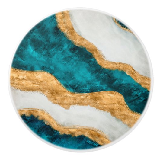 Waterverf en gouden turquoise Wave Abstract Keramische Knop (Voorkant)