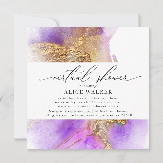 waterverf en gouden virtuele douche Uitnodiging (Voorkant)