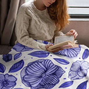 Waterverf en inktbloemen - blauw palet fleece deken