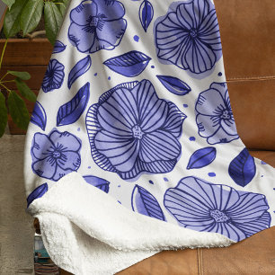 Waterverf en inktbloemen - blauw palet sherpa deken