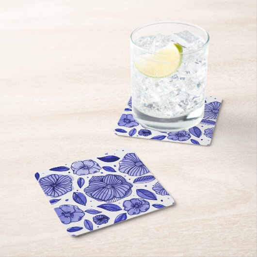 Waterverf en inktbloemen - blauw palet vierkante kartonnen onderzetter (Insitu)