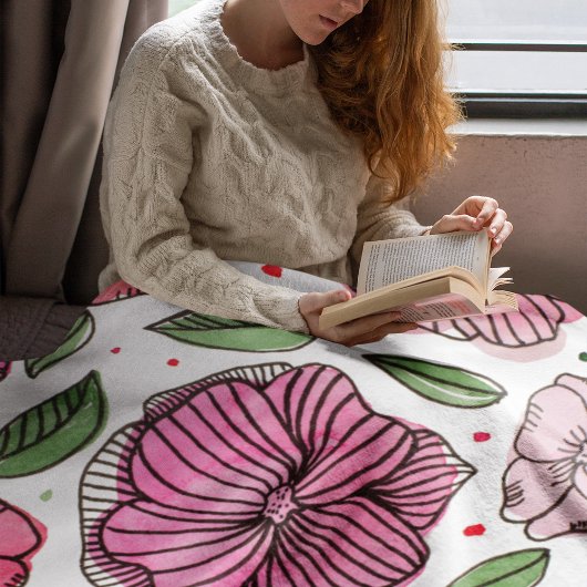 Waterverf en inktbloemen - roze en groen fleece deken