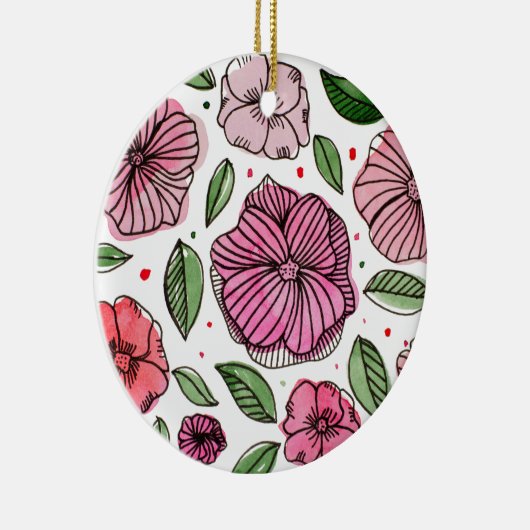 Waterverf en inktbloemen - roze en groen keramisch ornament (Rechts)