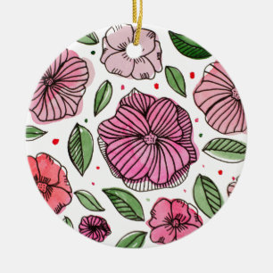 Waterverf en inktbloemen - roze en groen keramisch ornament