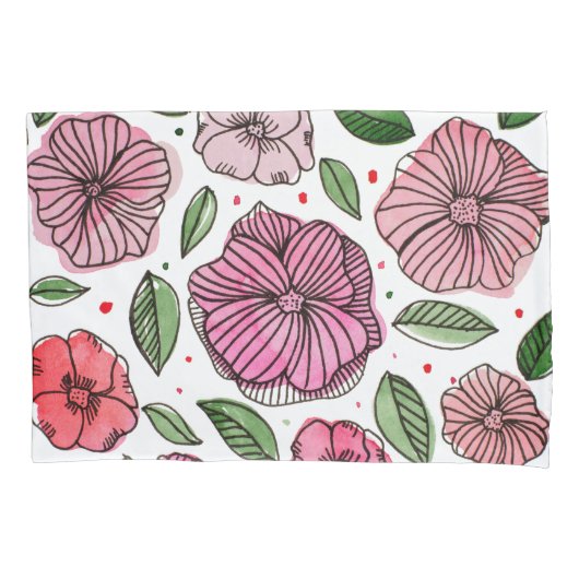 Waterverf en inktbloemen - roze en groen kussensloop (Voorkant)