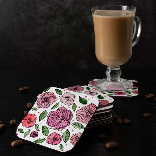 Waterverf en inktbloemen - roze en groen vierkante kartonnen onderzetter