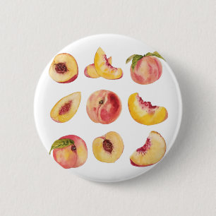 Waterverf en kleurrijke verse perzikschijfjes, ronde button 5,7 cm