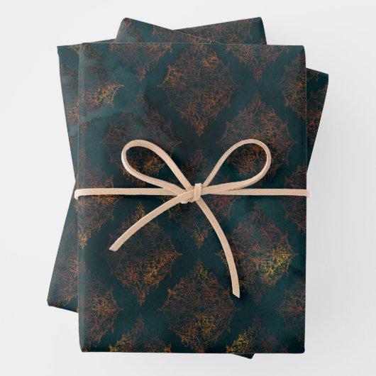 Waterverf en koper Patina Damask Pattern Inpakpapier Vel (In situ)