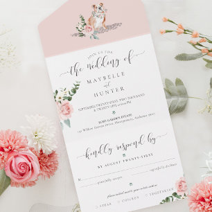 Waterverf Engels Bulldog Dog & Floral Pink Rose All In One Uitnodiging