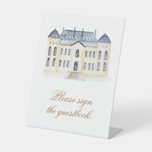 Waterverf Engels Manor Estate Bruiloft Reclamebord Met Voetstuk (Voorkant)