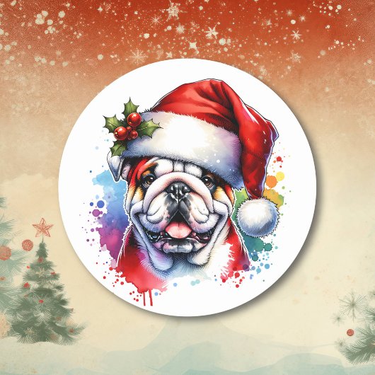 Waterverf Engelse Bulldog in Santa Hat Ronde Sticker