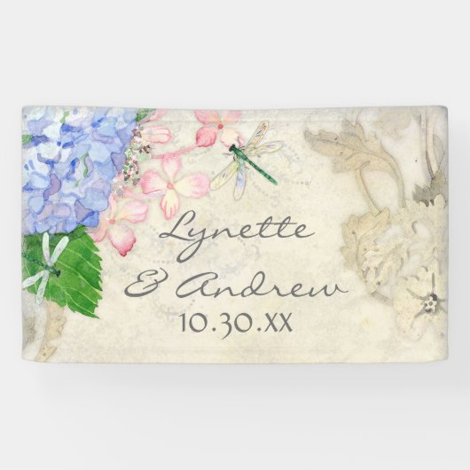 Waterverf Engelse Garden Hydrangea w Dragonflies Spandoek (Horizontaal)