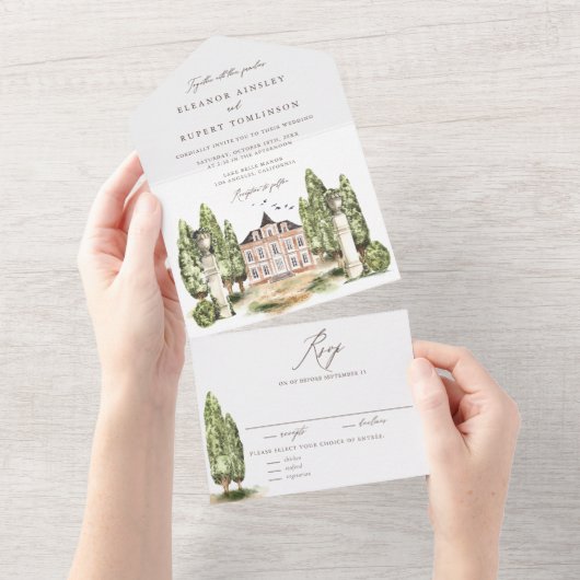 Waterverf Engelse Manor Wedding All In One Uitnodiging (Afscheurbaar)