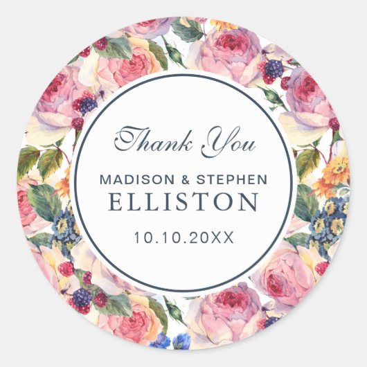 Waterverf | Engelse Rozen | Dank u Ronde Sticker (Voorkant)