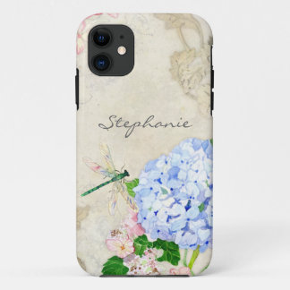 Waterverf Engelse tuin, blauw n roze hydrangeas iPhone 11 Hoesje