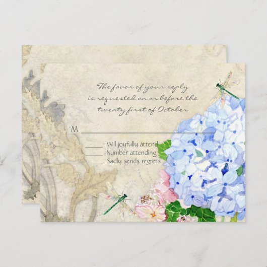Waterverf Engelse tuin, blauw n roze hydrangeas RSVP Kaartje (Voorkant / Achterkant)