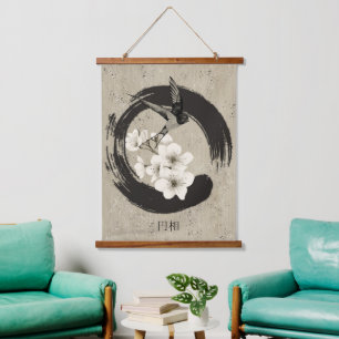 Waterverf Enso, slik- en kersenbloesems Hangend Wandkleed