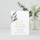 Waterverf eucalypt blad gouden script bruiloft briefkaart (Staand voorkant)