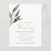 Waterverf eucalypt blad gouden script bruiloft briefkaart (Voorkant)