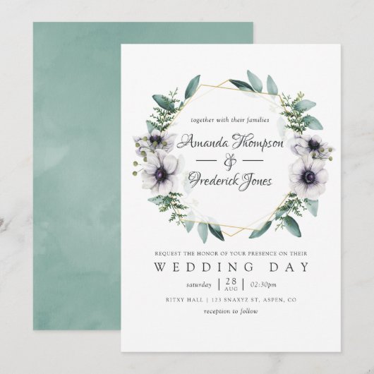 Waterverf Eucalyptus Anemone Geometric Wedding Kaart (Voorkant / Achterkant)