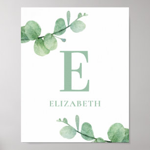 Waterverf eucalyptus baby monogram. Groene kwekeri Poster