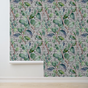 Waterverf eucalyptus baksteen verlaat groen tuin behang