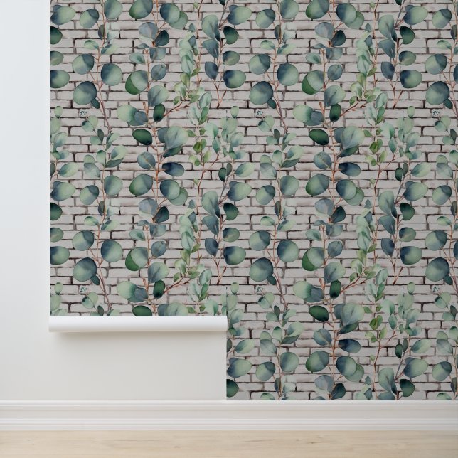 Waterverf Eucalyptus bakstenen groen blad takken Behang (Applicatie)