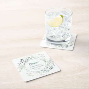 Waterverf Eucalyptus Bladeren Groene Baby Shower Vierkante Kartonnen Onderzetter