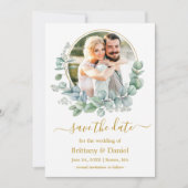 Waterverf Eucalyptus blauw Lijst goud Save The Date (Voorkant)