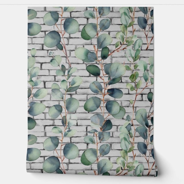 Waterverf Eucalyptus Brick Leaf takken groen Behang (Afrollen)