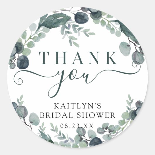 Waterverf Eucalyptus Bruidsfeest Dank Je Ronde Sticker (Voorkant)