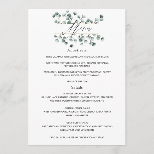 Waterverf Eucalyptus Bruiloft Menu (Voorkant)