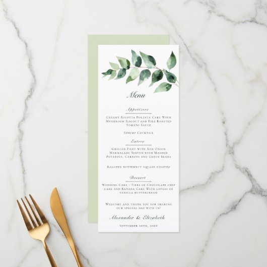 Waterverf Eucalyptus Bruiloft | Wit Menu (Voorkant / Achterkant in situ)