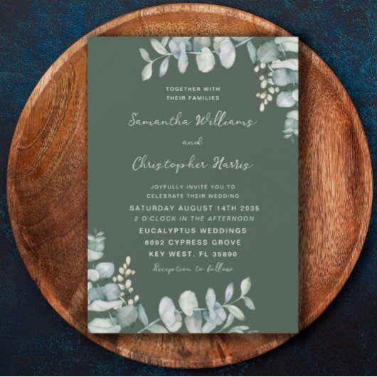 Waterverf Eucalyptus Dark Sage Green Wedding Kaart