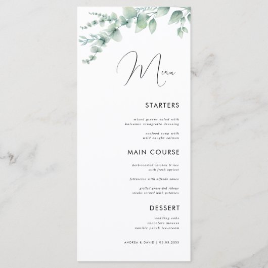 Waterverf Eucalyptus Delicate Calligraphy Wedding Menu (Voorkant)
