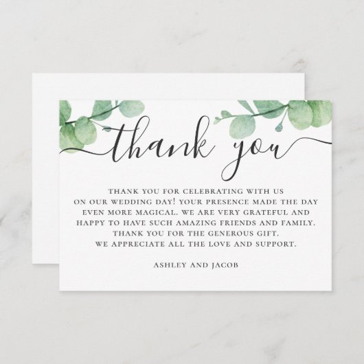 Waterverf eucalyptus. Elegant script bruiloft Bedankkaart (Voorkant / Achterkant)