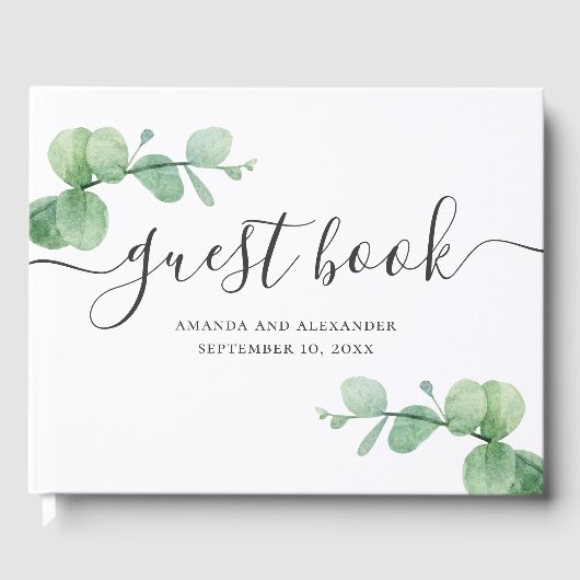 Waterverf eucalyptus. Elegant script bruiloft Gastenboek (Voorkant)