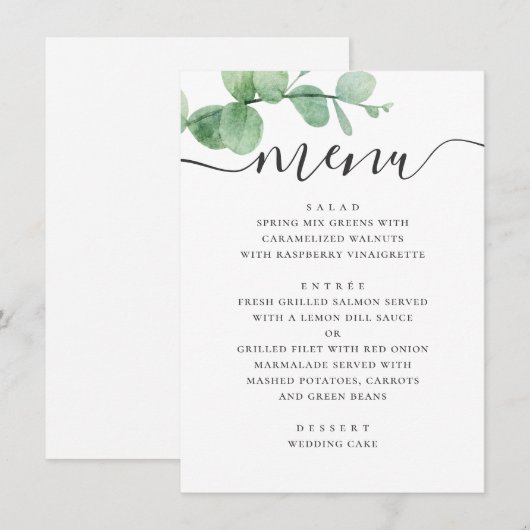 Waterverf eucalyptus. Elegant script bruiloft Menu (Voorkant / Achterkant)