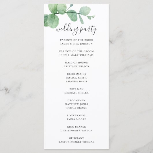 Waterverf eucalyptus. Elegant script bruiloft Programma (Achterkant)