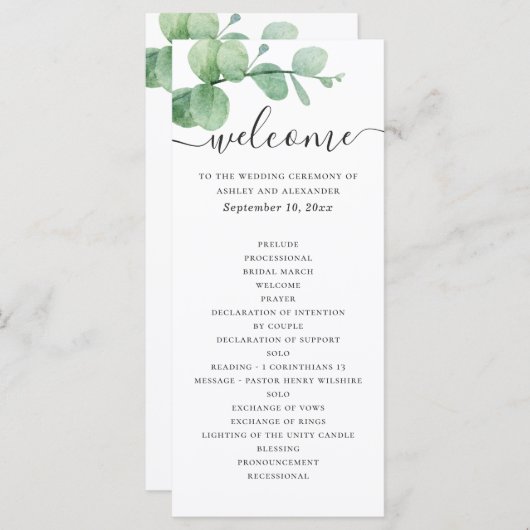 Waterverf eucalyptus. Elegant script bruiloft Programma (Voorkant / Achterkant)