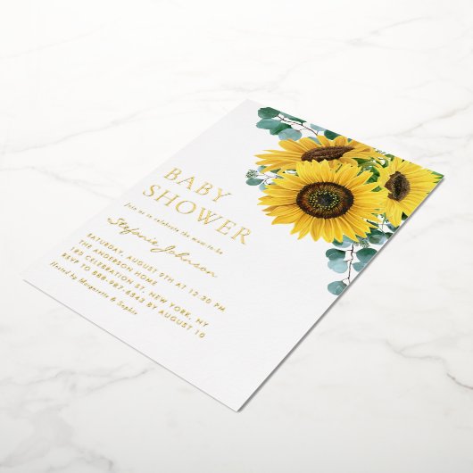 Waterverf Eucalyptus en Baby shower zonnebloemen Folie Uitnodiging (Gedraaid)